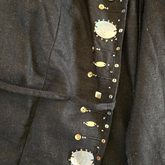 Versailles Black Linen Jacket with Beads and Mother of Pearl, Sz 14 - Picture 10 of 11